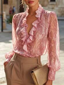 Blusa con cuello en V y volantes con estampado de serpiente 2026, camisa de gasa con estampado de serpiente, blusa con mangas abullonadas y volantes, rosa de vacaciones amigable con tallas grandes - Rosa - Ver 2