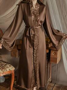 QING ROU Women's Elegant Satin Robe, Soft Lace Trim, Flared Long Sleeves, Silky Comfortable, Includes Belt Suitable For Home Use - Brown - View 4