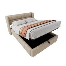 Upholstered Bed 140 X 200 Cm, Headboard, Sprung Base With Pneumatic Storage System, Linen Bed Frame, Suitable For Adults And Teenagers, Beige - 米色 - 查看 7