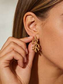 Vintage Stainless Steel Big Coral Earrings,18K Gold Plated Octopus Stud Earrings, Marine Life Jewelry Ocean Beach Daily Wear Vacation Accessory - 1 - View 12