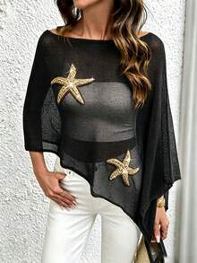 Plus Size Starfish Pattern Vacation Style Asymmetrical Design Cape Knit Top Black Summer - Black - View 4