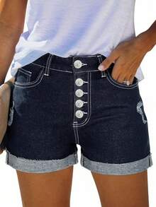 STLY New Stretch Slim Fit Classic Retro Nostalgic Casual Street Style Cuffed Front Button Design Washed Denim Shorts Summer - Denim - View 1