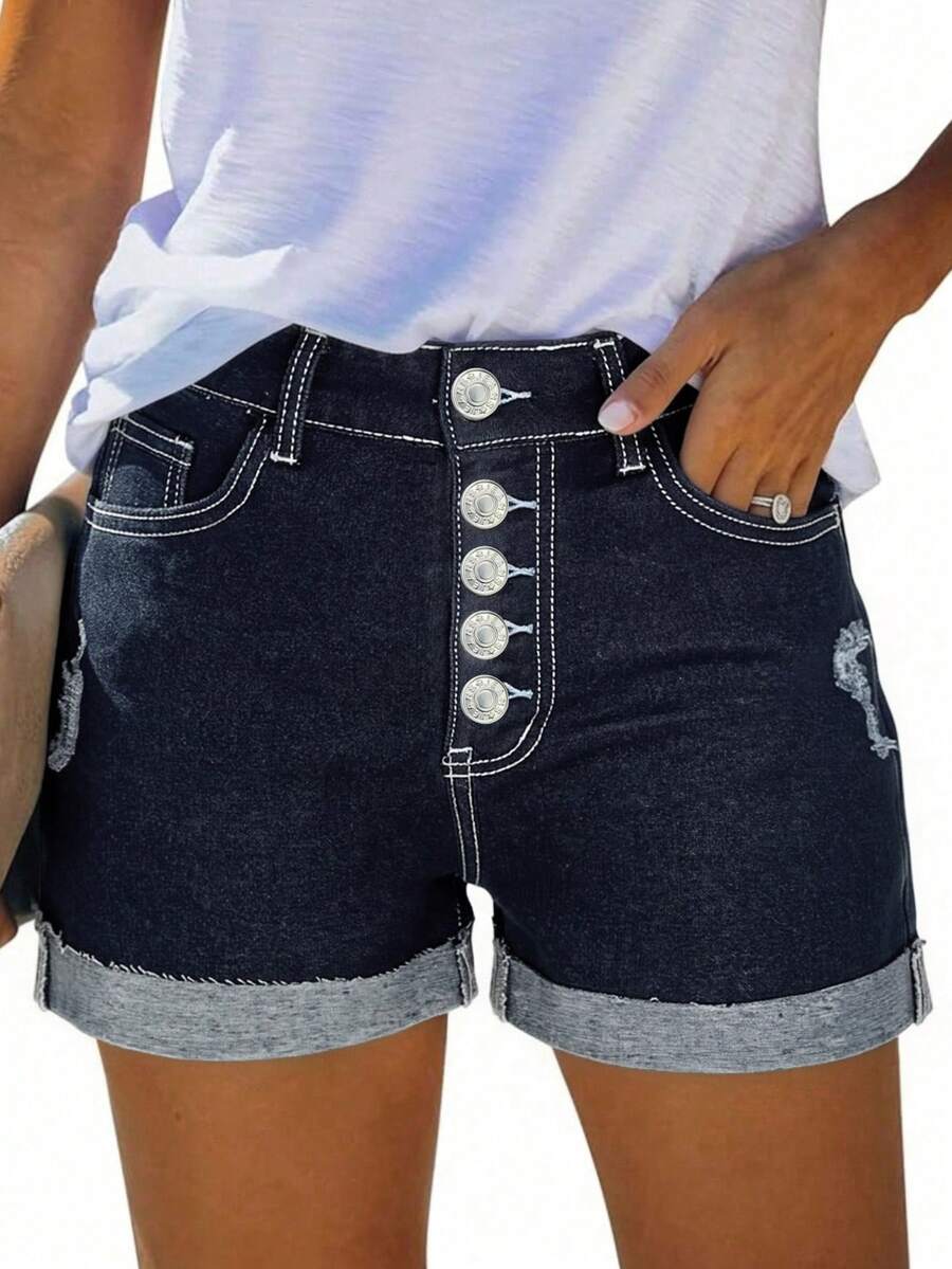 STLY New Stretch Slim Fit Classic Retro Nostalgic Casual Street Style Cuffed Front Button Design Washed Denim Shorts Summer - Denim - View 1