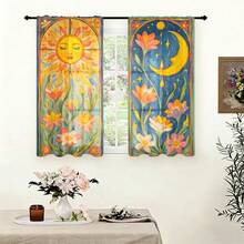 2pcs Bohemian Vintage Tarot Sun Moon Floral Print Semi-Sheer Curtains, 90GSM Polyester Semi-Sheer Privacy Protection, Easy Installation, Quick Dry, Washable And Fade-Resistant, Lightweight Removable Curtains, Suitable For Home, Room, Kitchen And Other Partitions Or Decoration - Multicolor - View 6