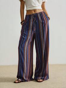 Rusttydustty 女款條紋印花鬆緊腰抽繩直筒垂墜簡約休閒懶人長褲 - 彩色 - 查看 1