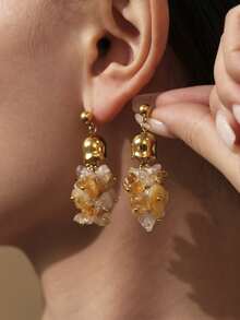 1 par de pendientes de piedra natural con campana dorada, estilo bohemio con borlas, joyería para mujer, adecuados para fiestas, viajes y uso diario - Multicolor - Ver 2