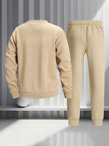 Men's Spring/Autumn 2 Pieces Sports Set, Khaki Jacquard Textured Sweatshirt And Drawstring Cuffed Jogger Pants, Outdoor Sports Casual Outfit Summer - Khaki - View 5