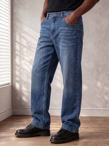 Men's All-Match Dark Blue Washed Straight Leg Jeans, Lightweight Soft Comfortable Stretch Denim Fabric, Casual Commute Minimalist Versatile Long Pants For Young Men - Blue - View 1