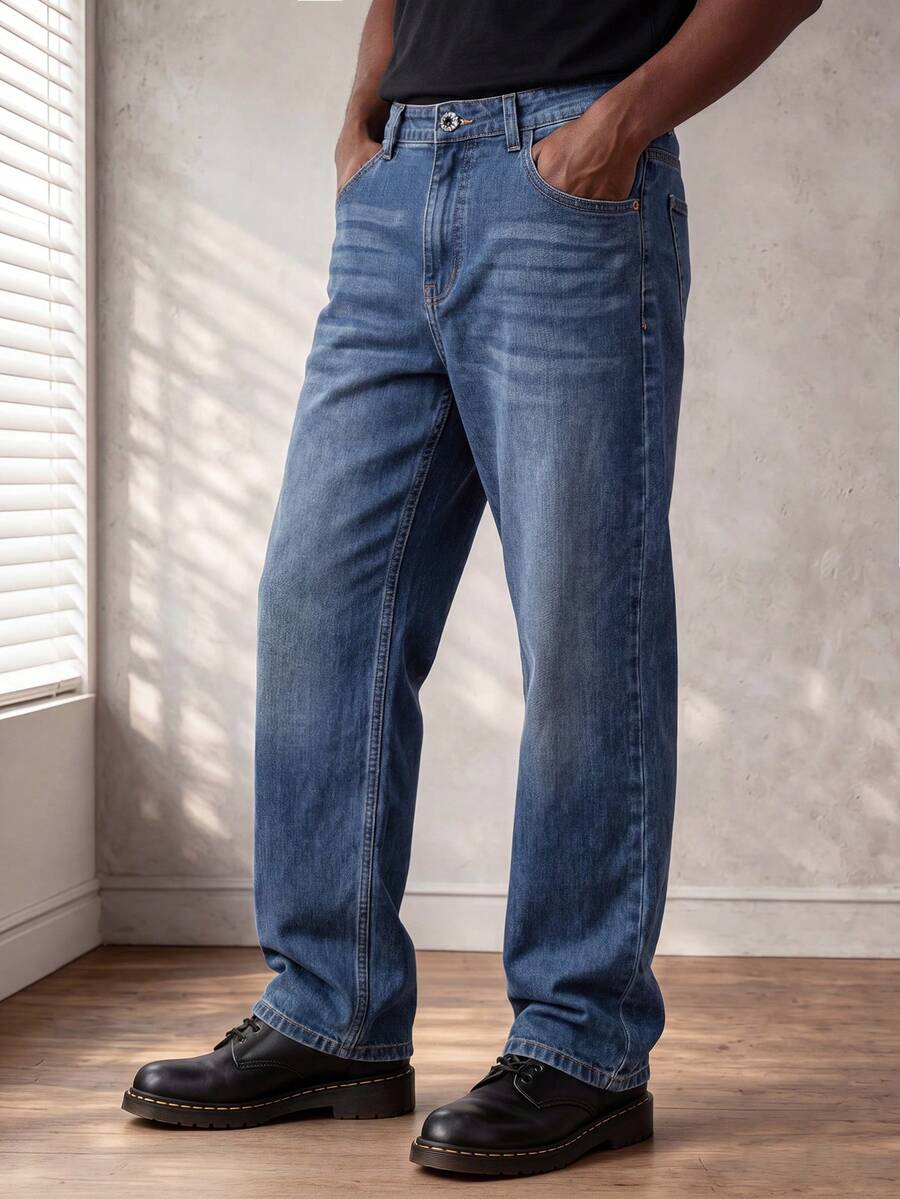 Men's All-Match Dark Blue Washed Straight Leg Jeans, Lightweight Soft Comfortable Stretch Denim Fabric, Casual Commute Minimalist Versatile Long Pants For Young Men - Blue - View 1