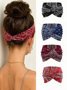 1pc/3pcs/4pcs Plus Size Girls Bohemian Style Printed Pattern Sports Headband, Elastic Cross Print Hairband Outdoor Activity Girls Headscarf Fashion Hair Accessory Summer Vacation - Multicolor - View 7