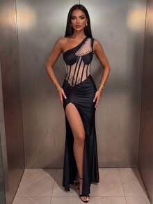 Asymmetric One-Shoulder Mesh Ruched Beaded High Slit Sexy Long Dress - Black - View 2
