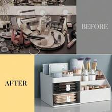 1pc White Rabbit Design Desktop Storage Box, Multi-Layer Cosmetic Organizer, Office Supplies And Stationery Storage Box, Student Dorm Pen Holder, Drawer Design, Desk Organizer, Cosmetic Storage Box, Bathroom Storage Box. - White - View 6