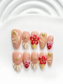 10pcs Island Vacation Style Handmade Press-On Nails, Poly Gel Nail Art Set, Flower, Starfish, Shell Design, Yellow & Red Color Scheme, Fresh Style, Includes Nail Tools, 3 Sizes Available, Square, Short Square, Almond Shape, Suitable For Party, Dancing, Daily Wear - Multicolor - View 12
