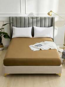 1pc Fashion Solid Color Brushed Single Fitted Sheet (Bed Cover/Mattress Protector) - Soft, Comfortable, Breathable, Anti-Pilling, Home Decor, Suitable For All Seasons; Fits Multiple Bed Sizes (Twin, Full, Queen, King); Dust-Proof Design; Does Not Include Pillow And Pillowcase. - Khaki - View 6