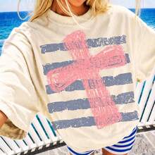 1 pieza Camiseta con estampado de cruz estilo costero desgastado, para verano, playa, vacaciones, con estampado de fe, manga corta, para mujer, estilo casual occidental. - Blanco - Ver 1