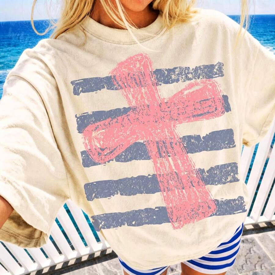 1 pieza Camiseta con estampado de cruz estilo costero desgastado, para verano, playa, vacaciones, con estampado de fe, manga corta, para mujer, estilo casual occidental. - Blanco - Ver 1