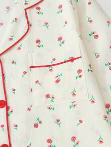 Women's Floral Print Pajama Set, Long Sleeve & Pants, Casual Spring & Fall Sleepwear, Comfortable Woven Fabric, Fashion Home Wear - 紅色 - 查看 10