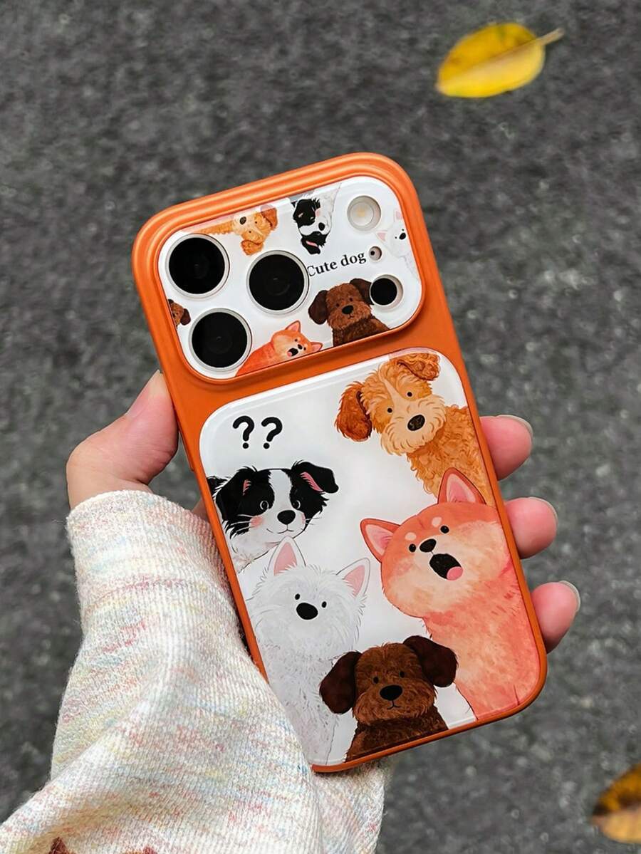 Cute Cartoon Peeking Cat & Dog Phone Case, Corning Orange Glossy Creative Design - Compatible With Apple 17 Pro Max Air 16 15 14 13 12 11 Pro Max Plus 14/15/16 Pro, Niche 17pm Protective Cover - Orange - View 1