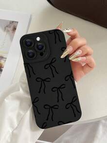 1pc 2D Printed Bow Pattern Phone Case, Matte Black Frosted Anti-Fingerprint TPU Soft Shell, Raised Full Camera Protection, Shockproof, Anti-Drop, Dustproof, Waterproof, Classic Minimalist Premium Style, Atmospheric, Ins Style, Vintage, Suitable As Gift For Friends, Family, Couples, Birthday, Holiday - Black - View 3