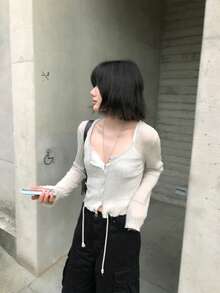 秋冬韓系百搭亞麻針織開襟衫 薄款羅紋素色防曬長袖上衣 女款 - 綠色 - 查看 5
