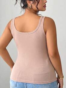 1pc Women's Plus Size Round Neck Wide Strap Tank Top, Soft Skin-Friendly Fabric, Built-In One-Piece Padding, Suitable For Daily Minimalist Wear - Khaki - View 3