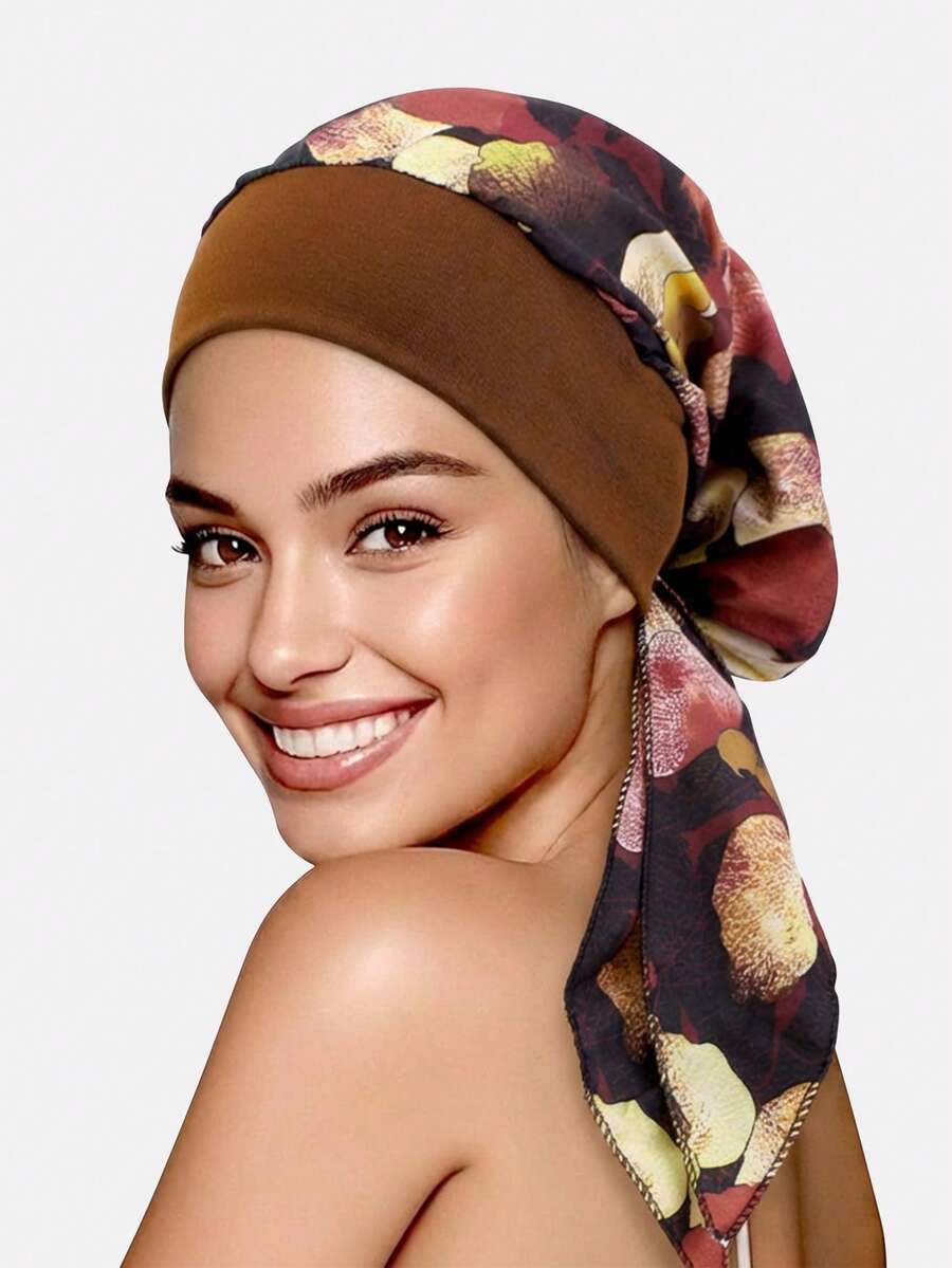 1 pieza Gorro de dormir elástico de ala ancha con cinta para mujer, pañuelo para la cabeza, gorro de protección para el cabello adecuado para uso diario - Las hojas son de color amarillo anaranjado. - Ver 1