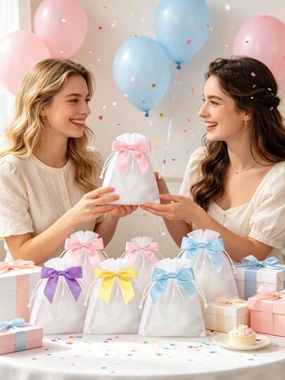 32/8pcs Macaron-Colored Bow-Tie Satin Drawstring Gift Bags, Easy To Store; Suitable For Wedding Party Guest Favors, Bridal Gift Bags, Bridesmaid And Groomsman Gift Bags, Wedding Sign-In Bags, And Birthday Party Gift Wrapping Bags.