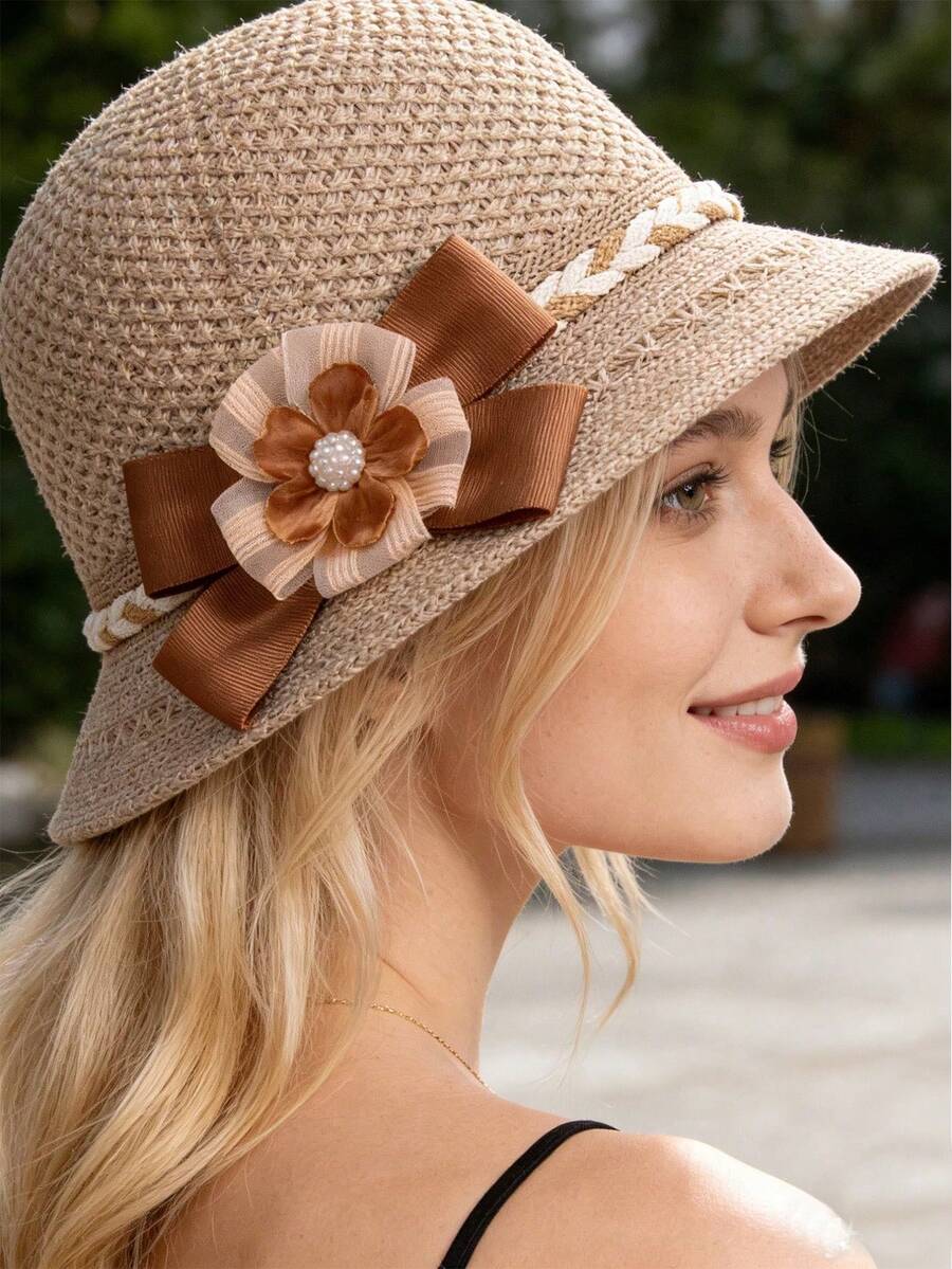 Topi Jerami Elegan Bermotif Bunga untuk Wanita, Cocok untuk Belanja di Luar Ruangan, Perjalanan, dan Liburan di Musim Semi/Panas. Topi Matahari, Desain Berongga, Topi Ember Multifungsi, Cocok untuk Penggunaan Sehari-hari, dengan Tali Anti Angin. - MultiWarna - View 1