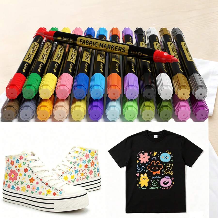 24/36 Intense Colors Fabric Markers Pens Set ,Brush And Fine Point Tip Textile Marker Pen, Dry Quickly Acrylic Paint Pen For Tote Bags, Clothes & Jackets, Sneakers,Banners And More - Sets - View 1