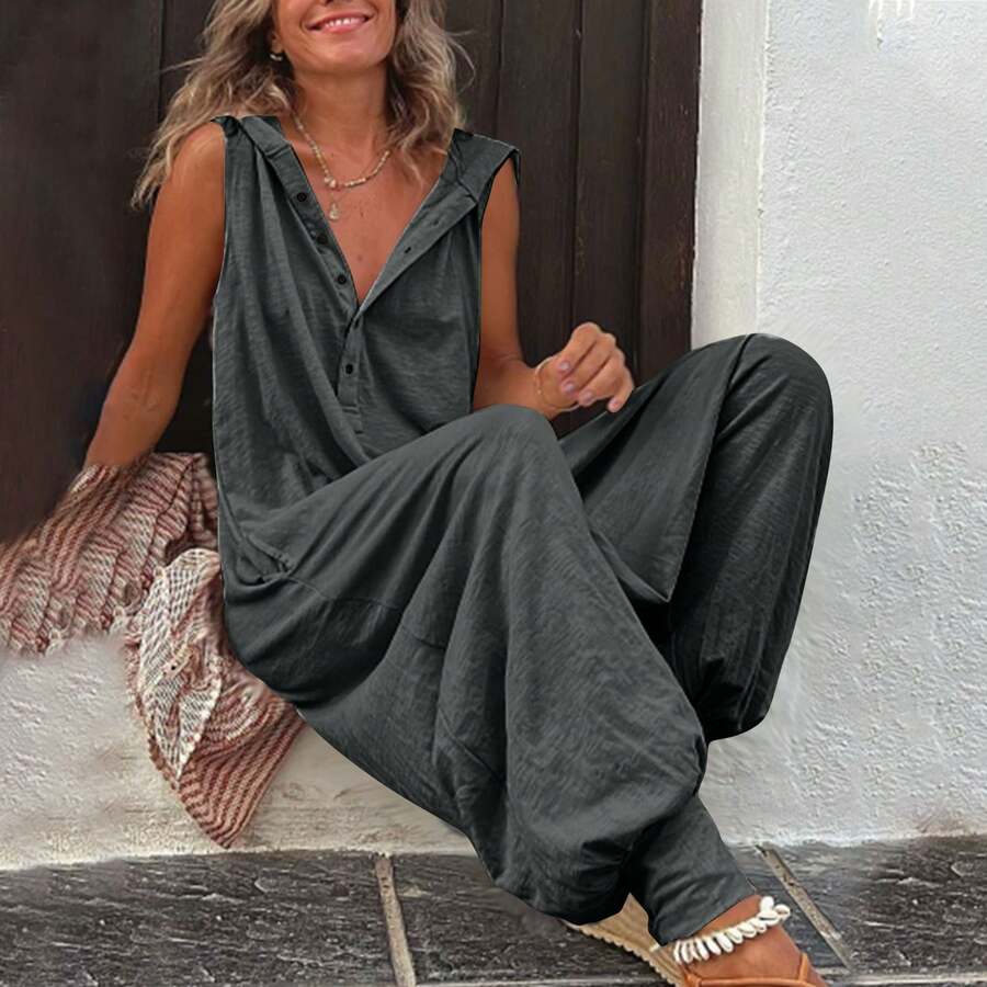 Women's Sleeveless Jumpsuit With Hood, Button Front Closure And Low-Rise Pants - Dark Grey - View 1