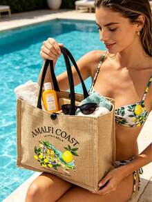 Bolsa de lino con estampado creativo de limón & letra, bolso de compras cuadrado amarillo, bolsa de almacenamiento casual de gran capacidad, bolsa reutilizable para comestibles para hombres & mujeres maestros, bolsa organizadora, bolsa de maquillaje, bolsa de playa para trabajo, viaje & uso diario, bolsa de hombro ligera con bolsillo para monedas, diseño novedoso, regreso a la escuela, graduación, Día de la Madre, Día de San Valentín, regalo de cumpleaños - Multicolor - Ver 3