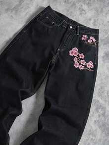 Teenager Plum Blossom Embroidered Washed Loose Straight Leg Jeans Y2K Casual - Black - View 4
