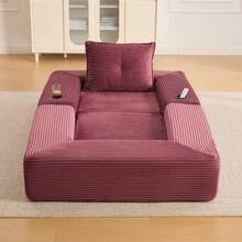 Folding Corduroy Sofa With High-Density Foam And Spring Core For Stable Seating, Side Pocket And Cup Holder, Armrest With Zip, Vacuum Packed, Easy Assembly, For Apartment And Living Room. - 紅色 - 查看 6