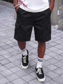 Teen Boys Classic Solid Color Multi-Pocket Cargo Shorts, Loose Fit Knee-Length Casual Shorts For Spring & Summer - Black - View 8