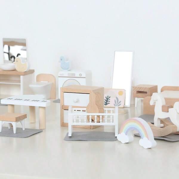 1 Set Nordic Style Villa Dollhouse Role Play Simulation Furniture Kitchen Full Set Wooden Toys For Girls And Boys Children's Wooden Toy Furniture Combination