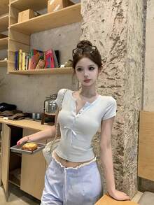 性感修身V領蝴蝶結清新短袖T恤夏季女上衣 - 藍色 - 查看 3