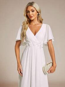 EVERPRETTY Elegant White Chiffon Wedding Guest Dress For Fall Wedding Anniversary With Floral Applique Waist And Flutter Sleeves Romantic Formal Dress - White - View 7