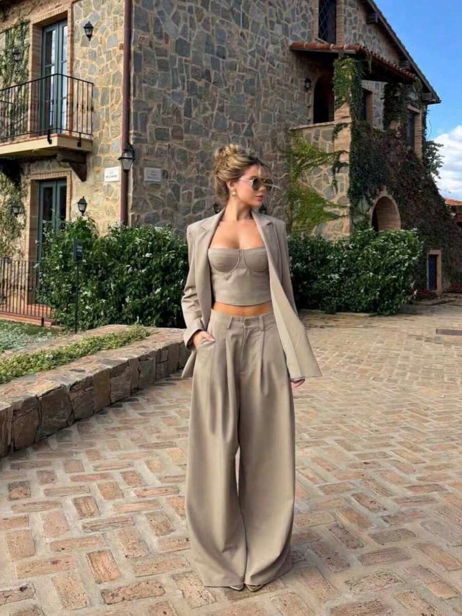 Elegant Women's 2 Pieces Set, Includes Blazer, Jacket And Wide-Leg Pants, Made Of Non-Stretch Fabric, Suitable For Autumn Wear. - Khaki - View 1