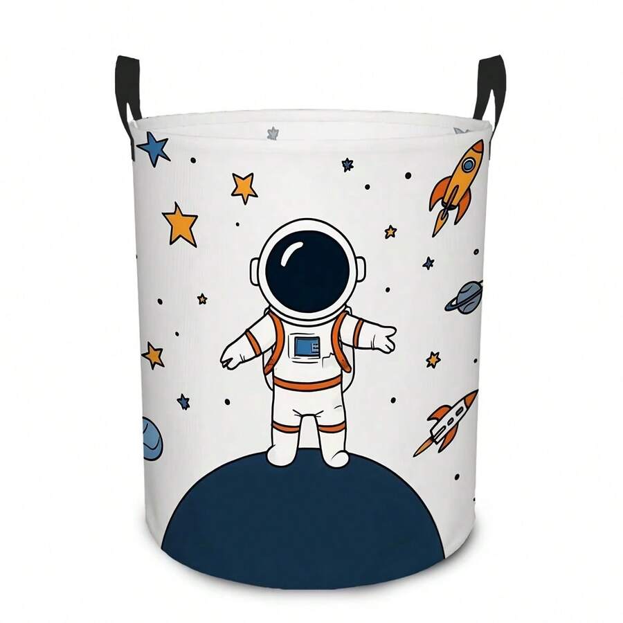 1個可愛太空人太空洗衣籃 卡通火箭行星星星印花 可折疊收納桶 附手柄 玩具衣物收納盒 臥室嬰兒房裝飾 可折疊收納桶 - 白色 - 查看 1