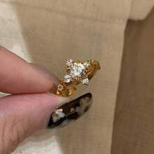 1 pièce Bague ouverte vintage de luxe élégante de niche personnalisée polyvalente exquise haut de gamme en feuille d'or avec zircone cubique, convient pour le port quotidien des femmes - Doré - Voir 6