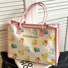 Miniso Pink Trim Off White All Over Print Pokemon Characters Canvas Tote Bag Women Cute Anime Casual Shopping Handbag - White - View 2