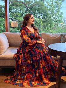 Plus Size Women's New Elegant Romantic Floral Patchwork Design Swing Dress Vacation - Multicolor - View 3