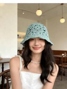 1pc Bohemian Style Crochet Bucket Hat, Hollow Lace Knit, Lightweight Breathable Foldable Sun Hat, Summer Beach Hat, Suitable For Women Girls, Travel Holiday Casual - A - View 5