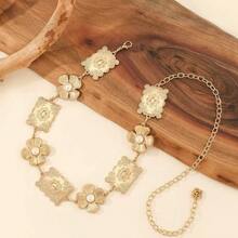 金色花卉白色寶石彈性腰鏈波希米亞風彈力腰帶，適合日常校園、萬聖節、聖誕節、夏季派對穿搭 - 香檳色 - 查看 2