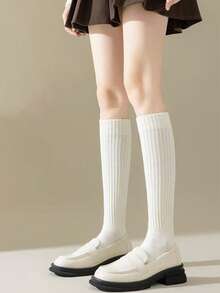1 Pair Women's Autumn/Winter Solid Color Compression Fashion Slimming Calf Socks, Maillard Color Palette, Japanese JK Sweet Style, High Tube Warm Long Socks - Multicolor - View 3