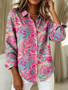 Camisa de Talla Grande Estilo Boho con Estampado Paisley, Cuello, Manga Larga, Blusa Holgada que Oculta el Vientre, Atuendo para Vacaciones, Festival, Playa, Desplazamiento y Cita Nocturna - Multicolor - Ver 3