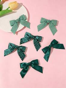 6pcs Girls Minimalist Multi-Color Polka Dot Plaid Bow Hair Clips For Ponytail, Everyday Versatile - Green - View 3
