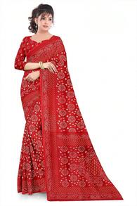 Estationeryhouse Bandhani Circle Print Saree With Unstitched Blouse Piece - Red - View 3