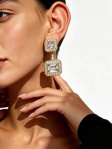 1 Pair Women's Vintage Elegant Double-Layer Square Crystal-Encrusted Trapezoid Transparent Crystal Gold-Plated Long Dangle Earrings, Evening, Fashion, Banquet Jewelry - Yellow Gold - View 1