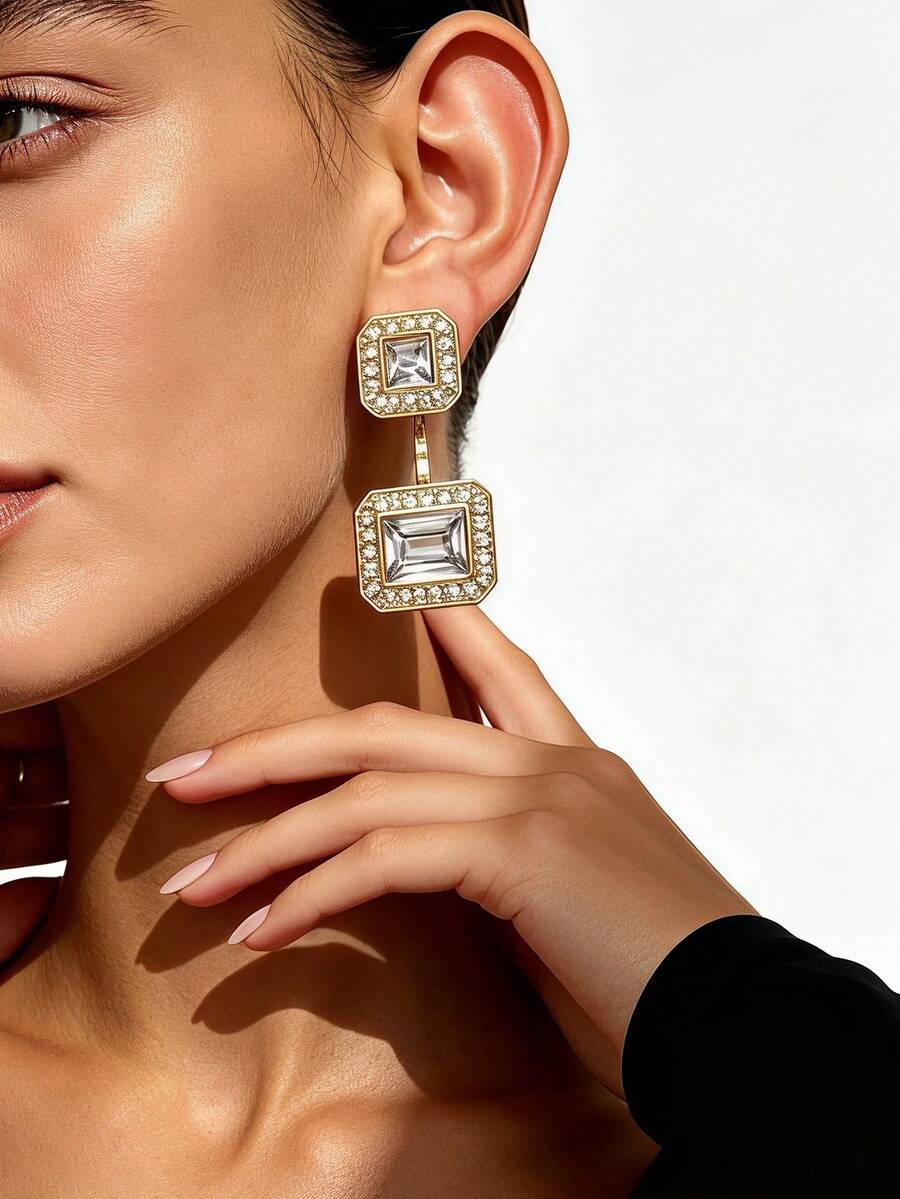 1 Pair Women's Vintage Elegant Double-Layer Square Crystal-Encrusted Trapezoid Transparent Crystal Gold-Plated Long Dangle Earrings, Evening, Fashion, Banquet Jewelry - Yellow Gold - View 1